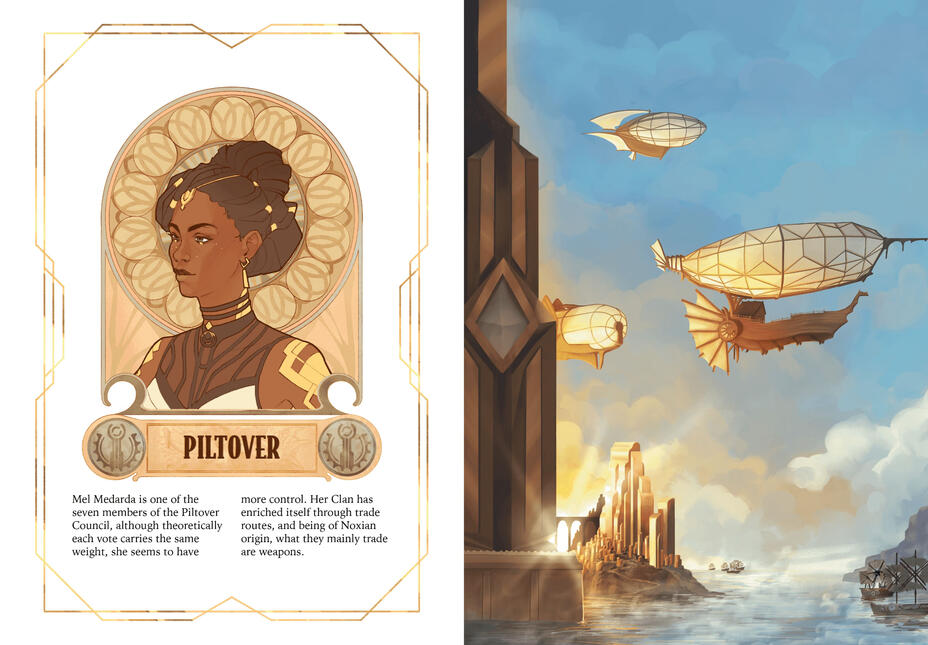 Piltover introduction (left page background by A. De Lise, right page by S. Caricato)